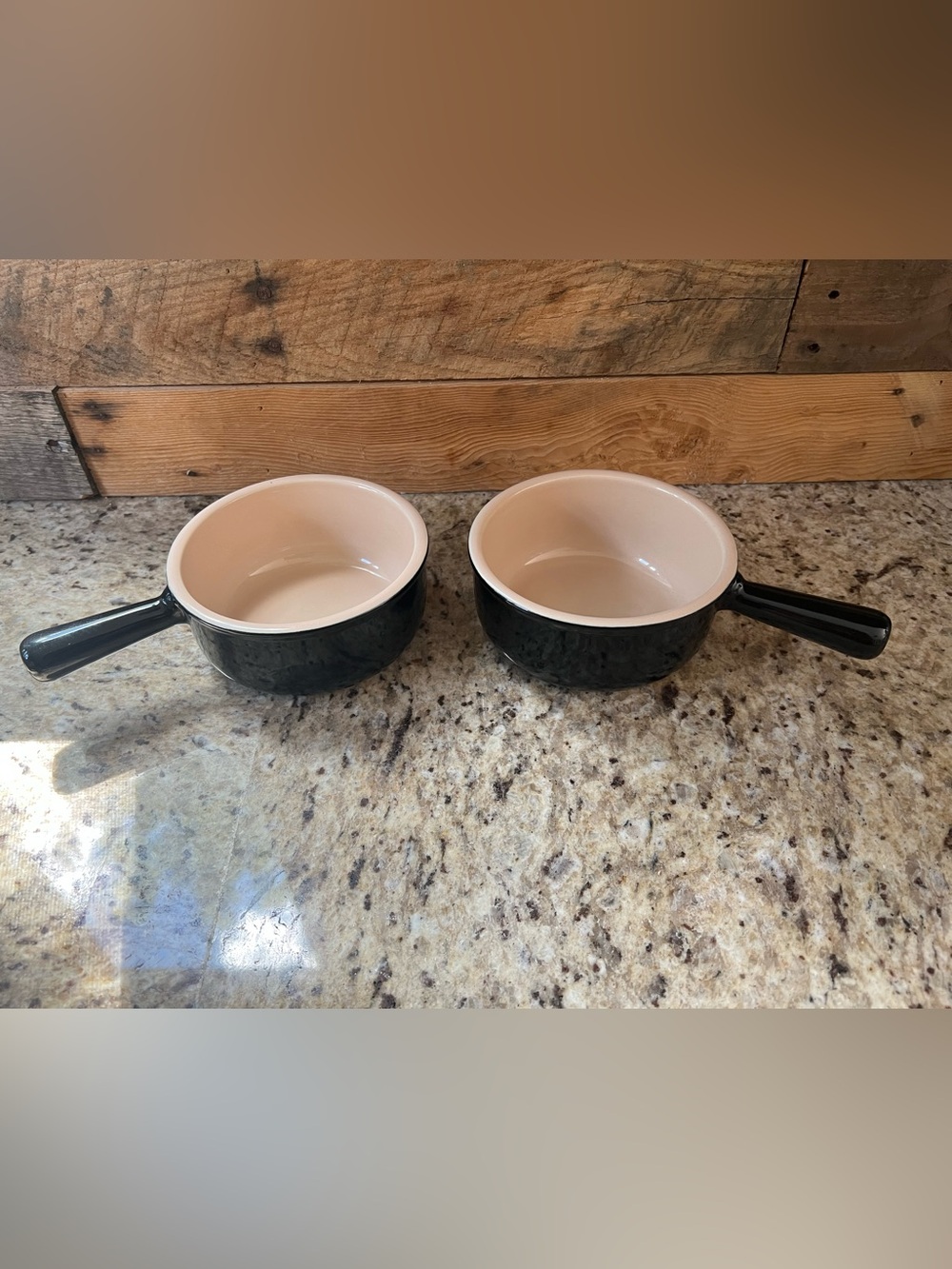 Pair of Le Creuset Black Ceramic Handled French Onion Soup Bowls - Brand New